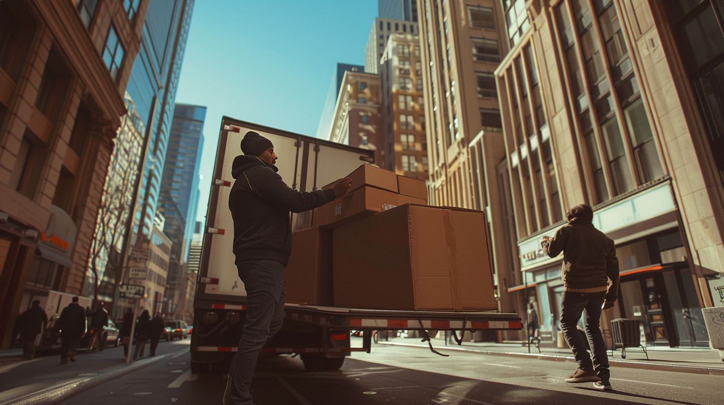 Professional movers loading furniture onto a moving truck in an urban environment. Professional movers loading furniture onto a moving truck in an urban environment.