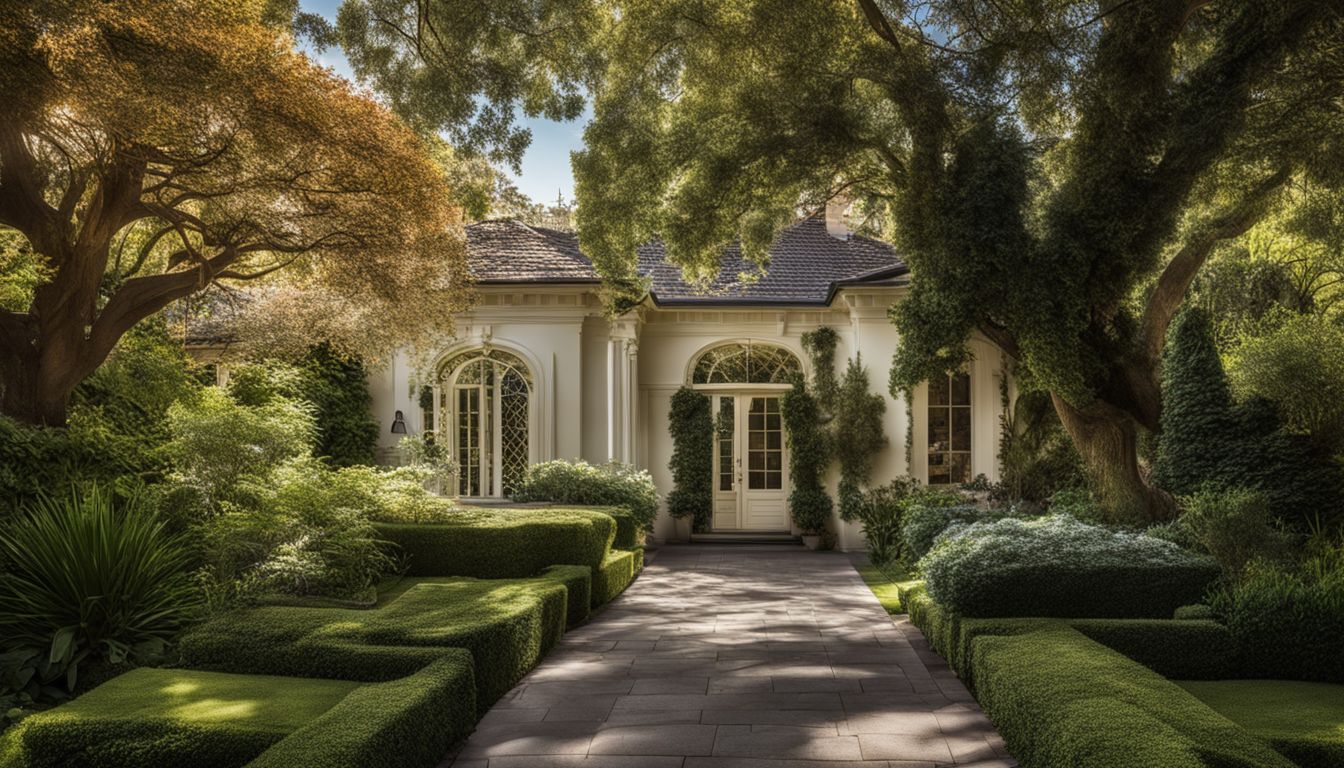 The photo shows the exterior of a historical building with a lush garden. The photo shows the exterior of a historical building with a lush garden.