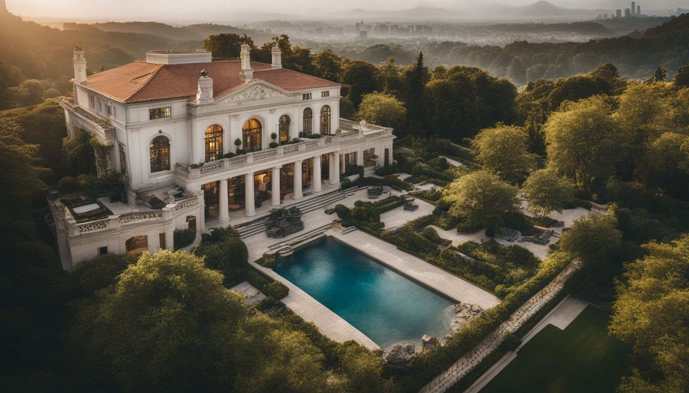 A grand mansion with gardens and a bustling cityscape in the background. A grand mansion with gardens and a bustling cityscape in the background.