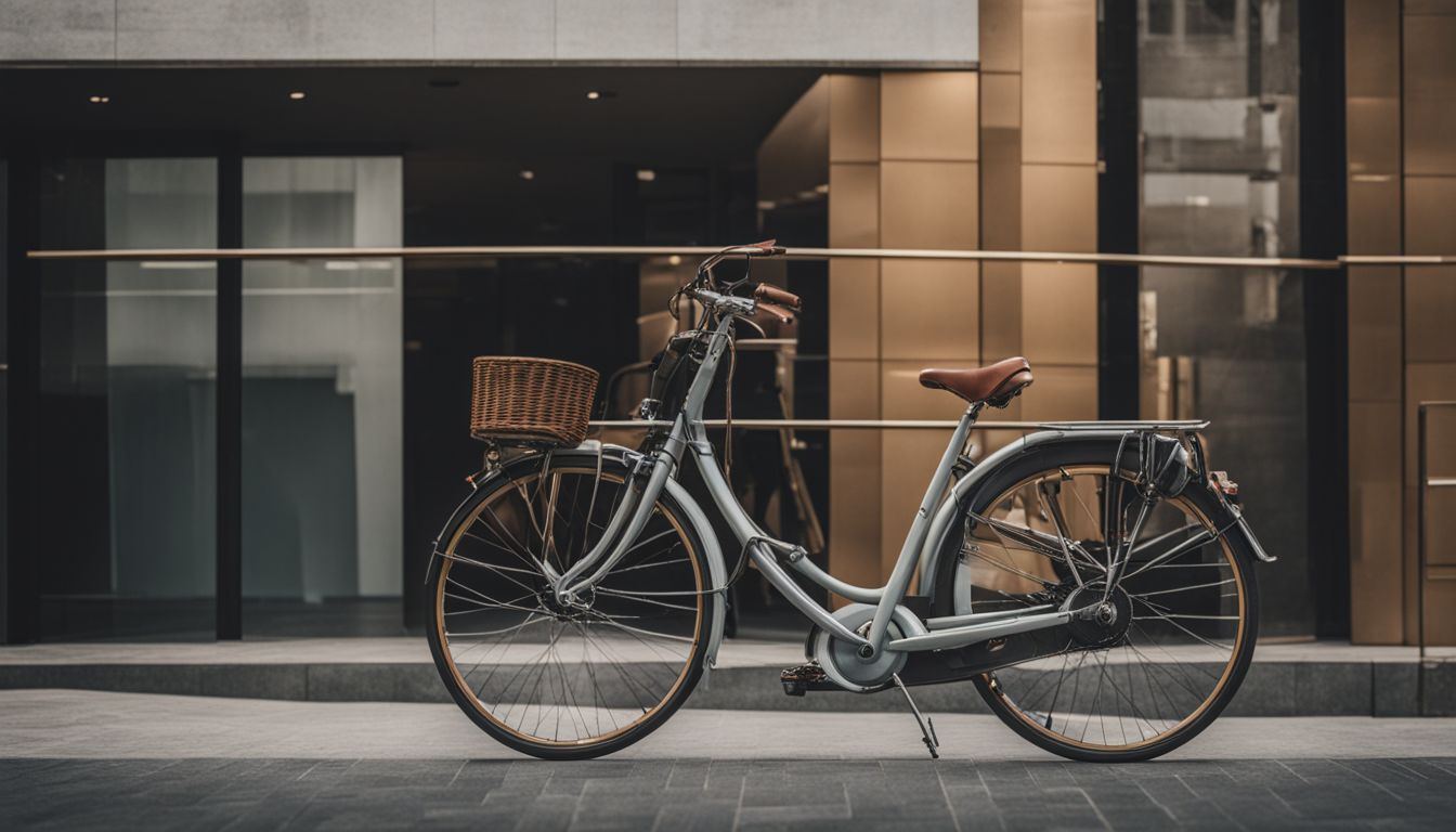 A vintage bicycle parked against a modern building in a busy city. A vintage bicycle parked against a modern building in a busy city.
