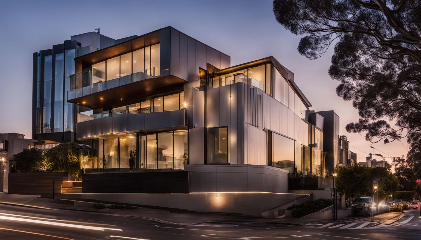 The photo captures the modern architecture of 23 Toorak Road at dawn. The photo captures the modern architecture of 23 Toorak Road at dawn.